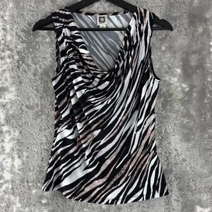 Anne Klein Size S Zebra Striped Scoop Neck Sleeveless Top White Black Stretch